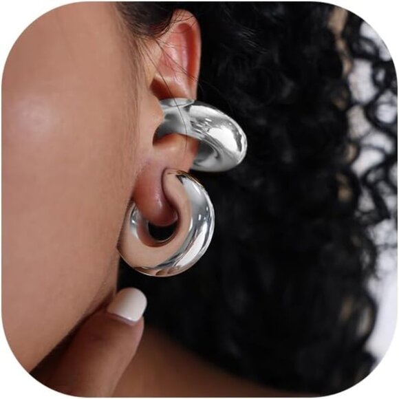 Gold Ear Cuffs for Women - Non-Piercing Chunky Earring Cuff, 18k Oversize Round - Picture 1 of 6